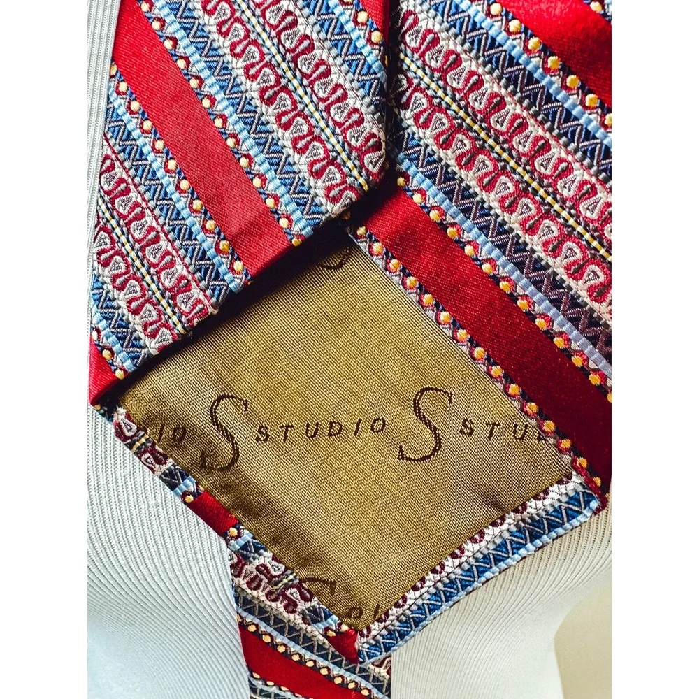 Robert‎ Talbott Studio Silk Tie Red Blue Gold Geometric Stripe Wide 4